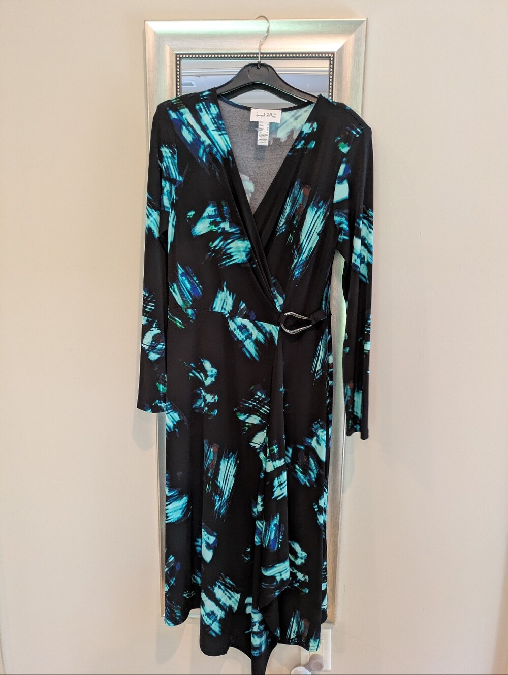Joseph Ribkoff Black Wrap Dress with Teal Brushstroke Print